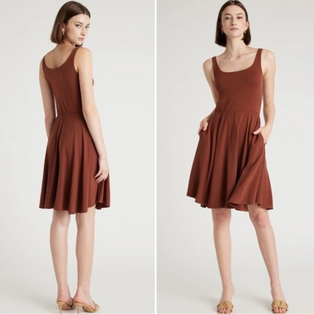 NWT Quince | Tencel Jersey Fit & Flare Mini Dress (Brown)